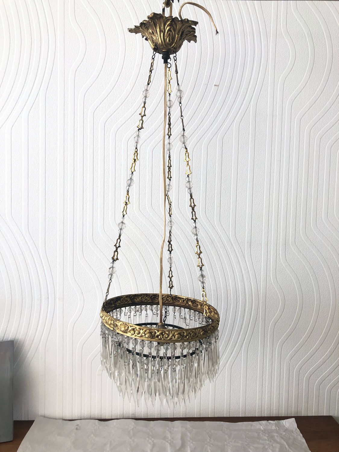 Vintage tassel chandelier has 2 glass and brass crowns