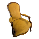 Restored antique Voltaire armchair, traditional upholstery, boucle fabric.