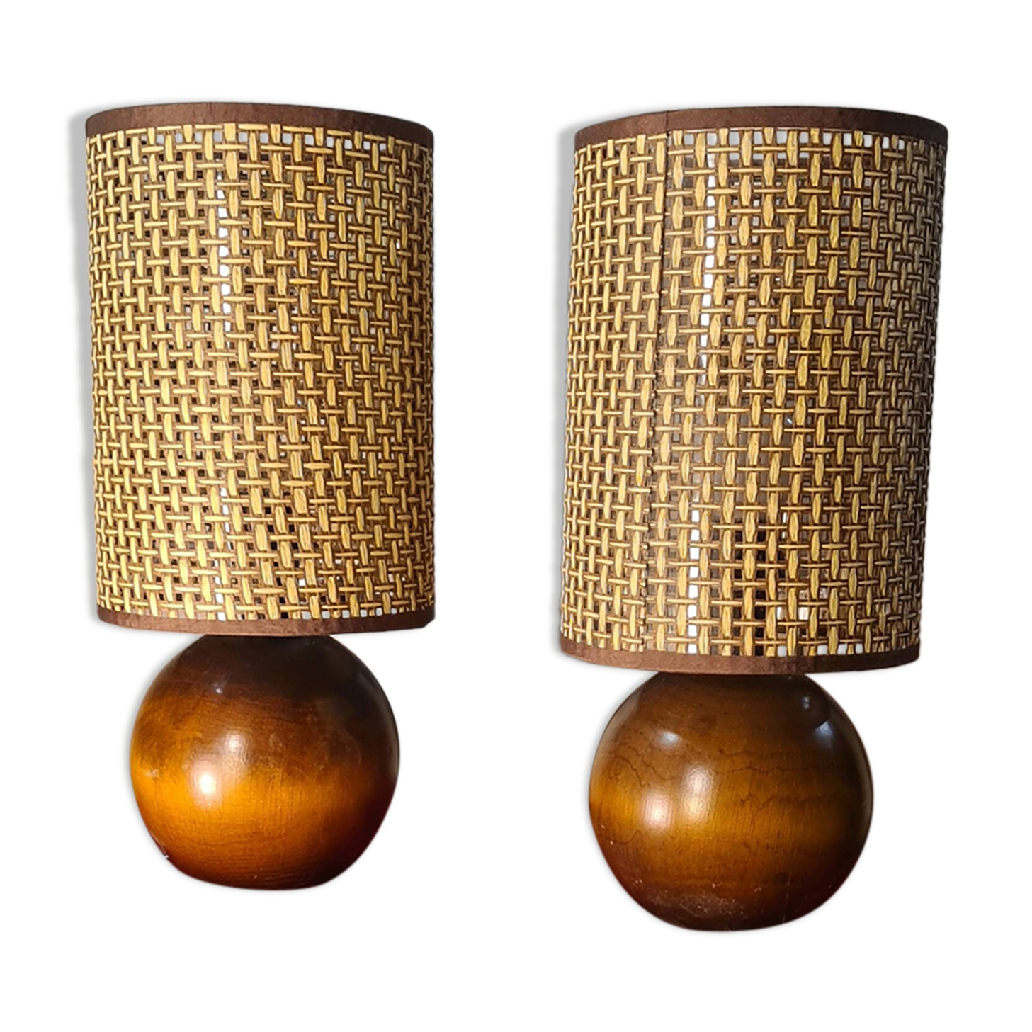 pair of Scandinavian wooden ball lamps and new lampshades 32x14 electric ok