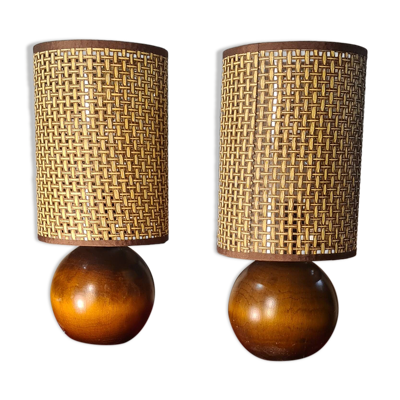 Paire de lampes scandinaves boule en bois et abat-jours neufs