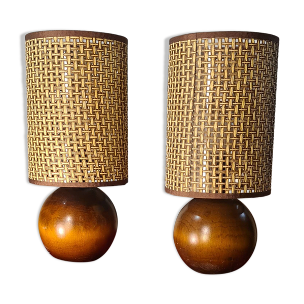 Paire de lampes scandinaves boule en bois et abat-jours neufs