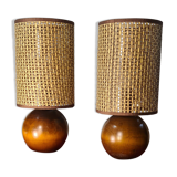 pair of Scandinavian wooden ball lamps and new lampshades 32x14 electric ok