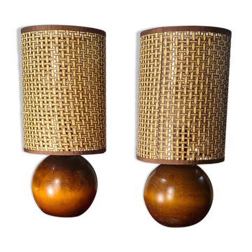 Paire de lampes scandinaves boule en bois et abat-jours neufs