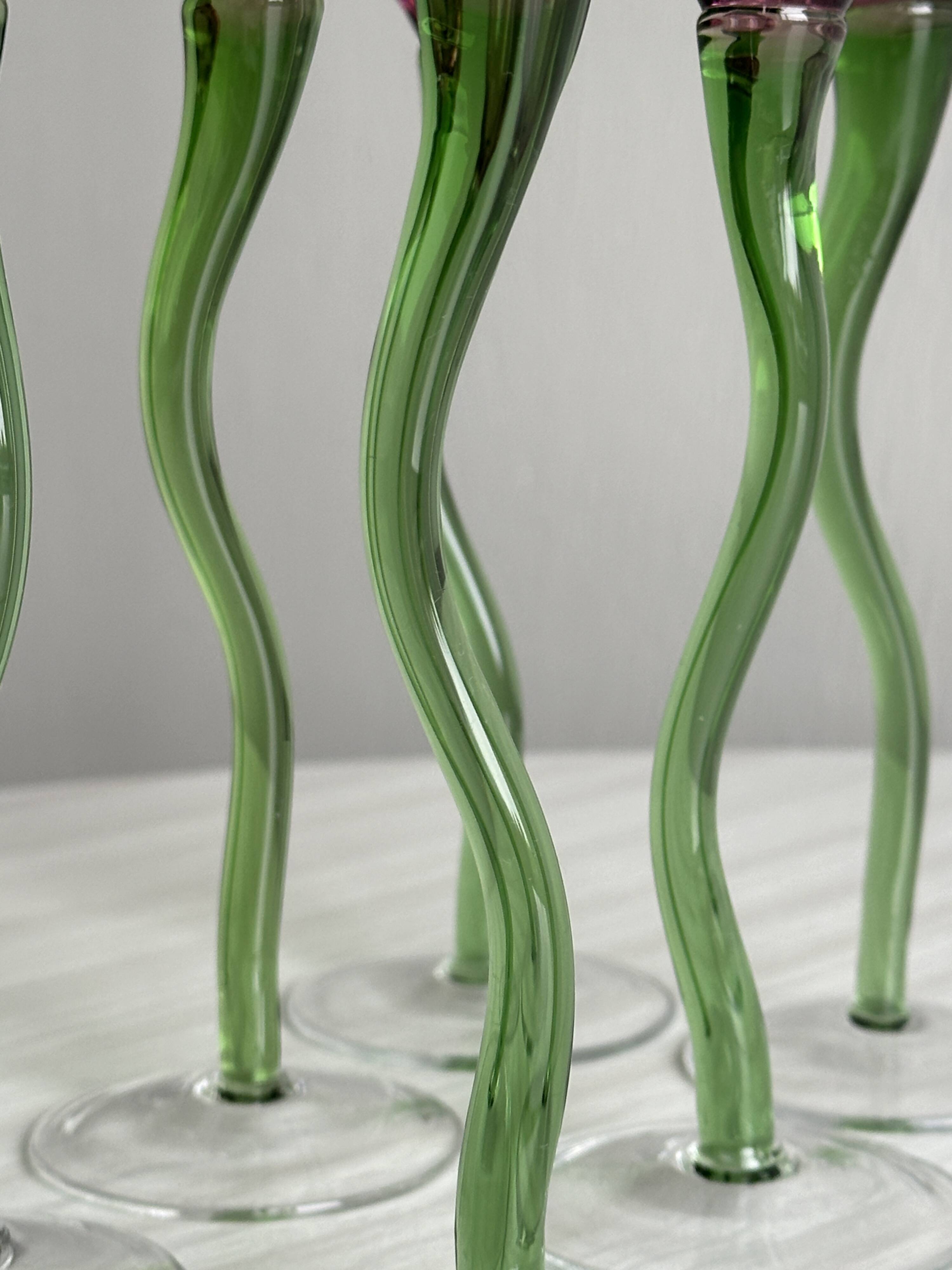 Set of 6 blown glass champagne glasses, green twisted feet