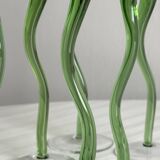 Set of 6 blown glass champagne glasses, green twisted feet