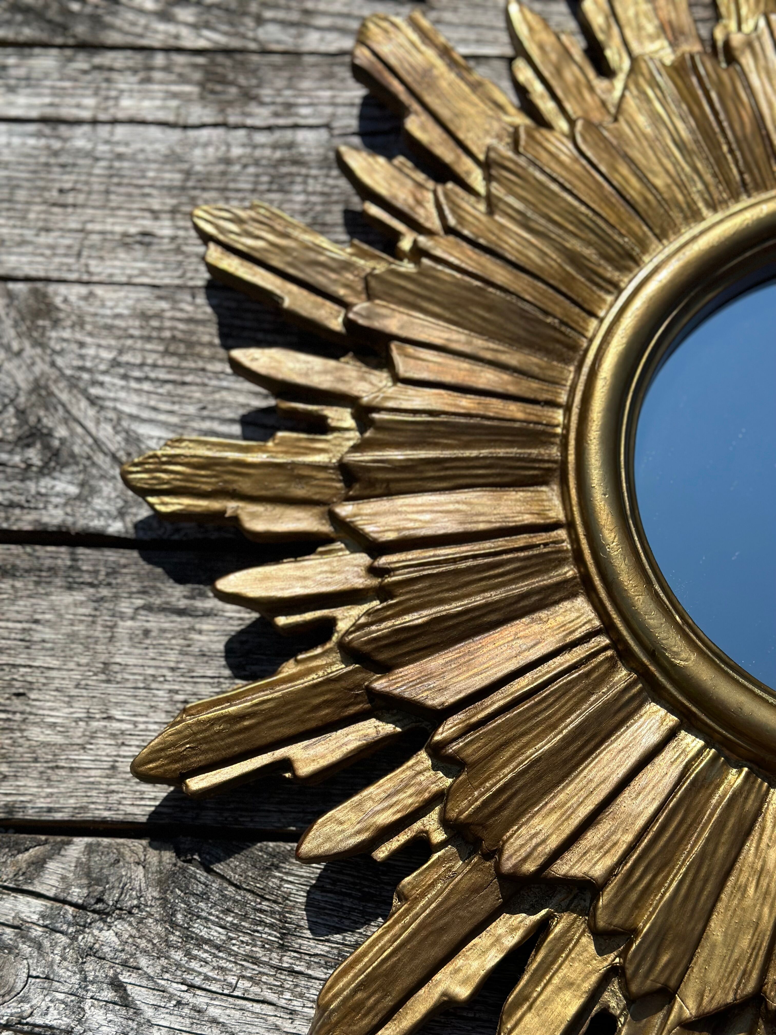 Vintage sun mirror 1960 in patinated golden balsa
