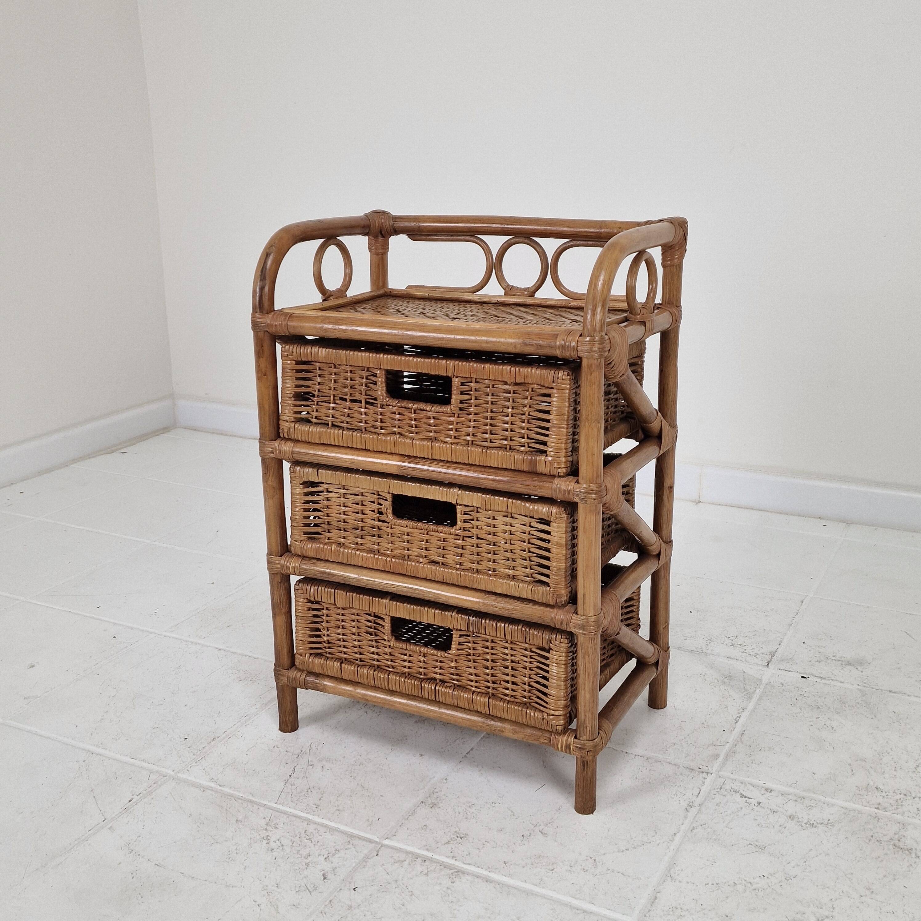 Italian Rattan and Wicker Three-Drawer Chest, 1970s
