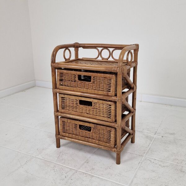 Commode italienne à 3 tiroirs en rotin et osier, années 1970