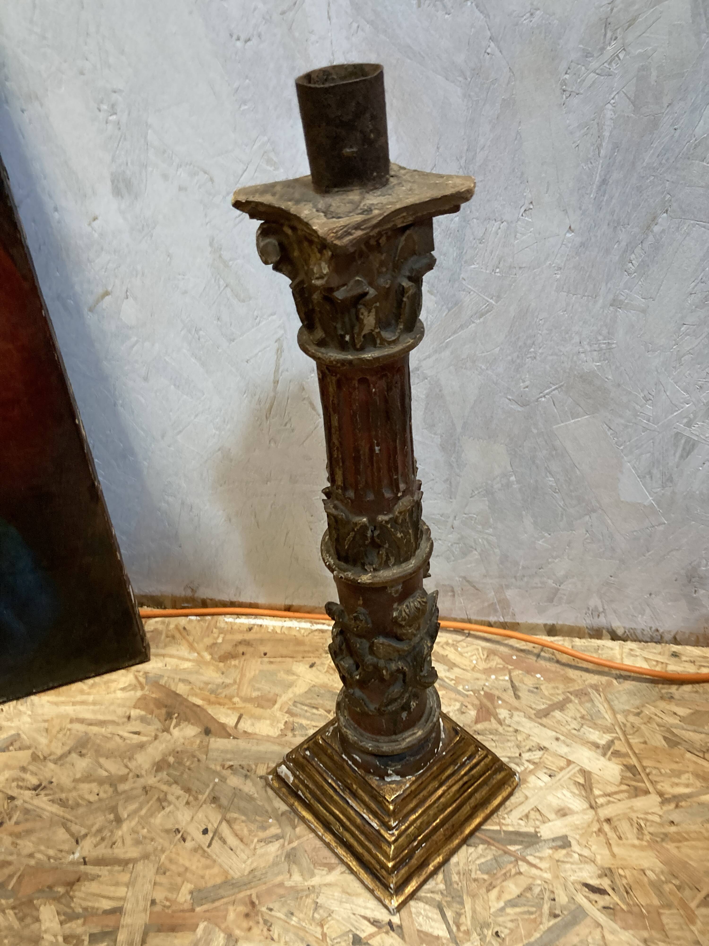 Large antique polychrome carved wooden candle holder - 18th century