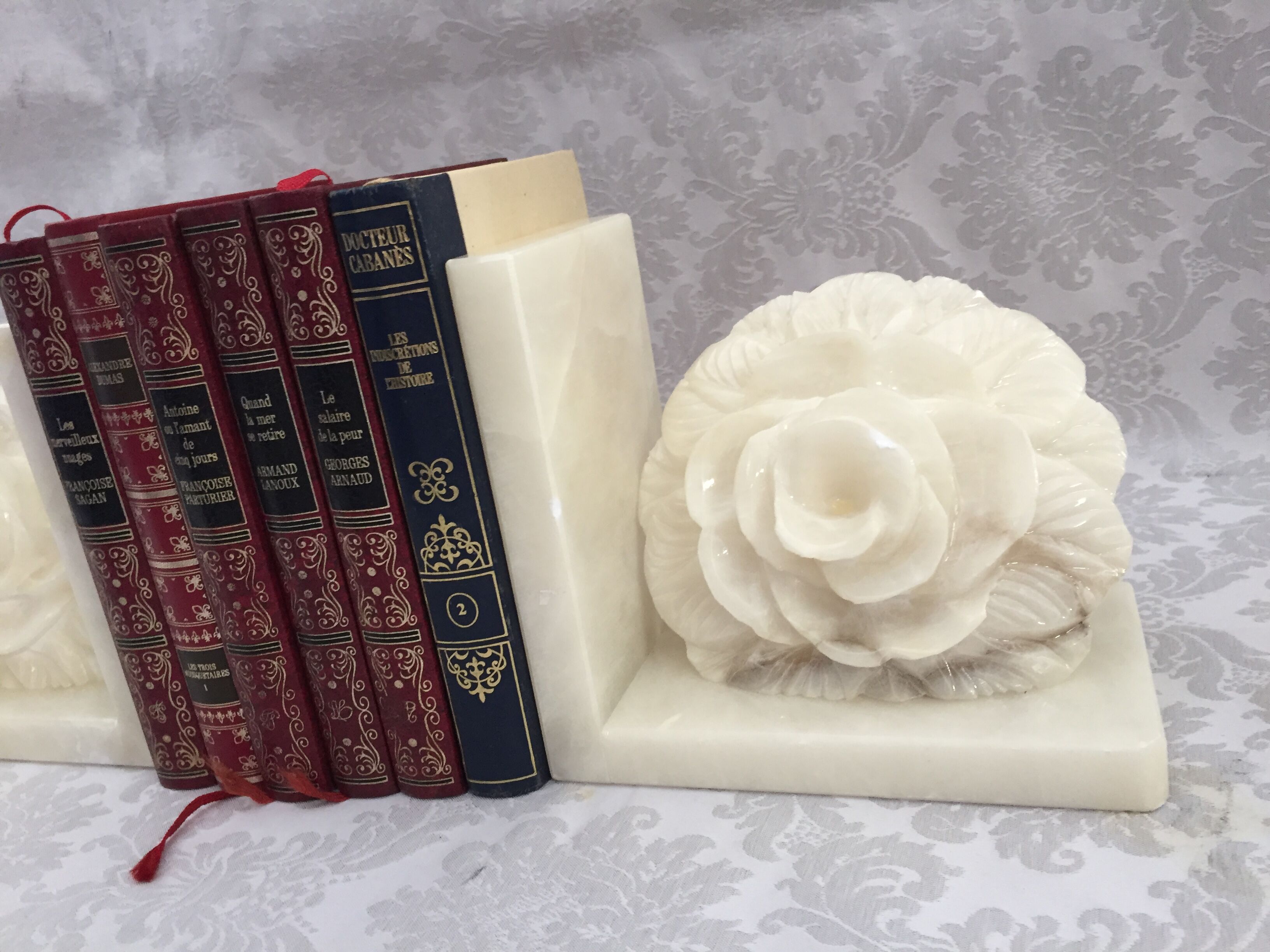 Pair of vintage alabaster bookends decor flower 1970