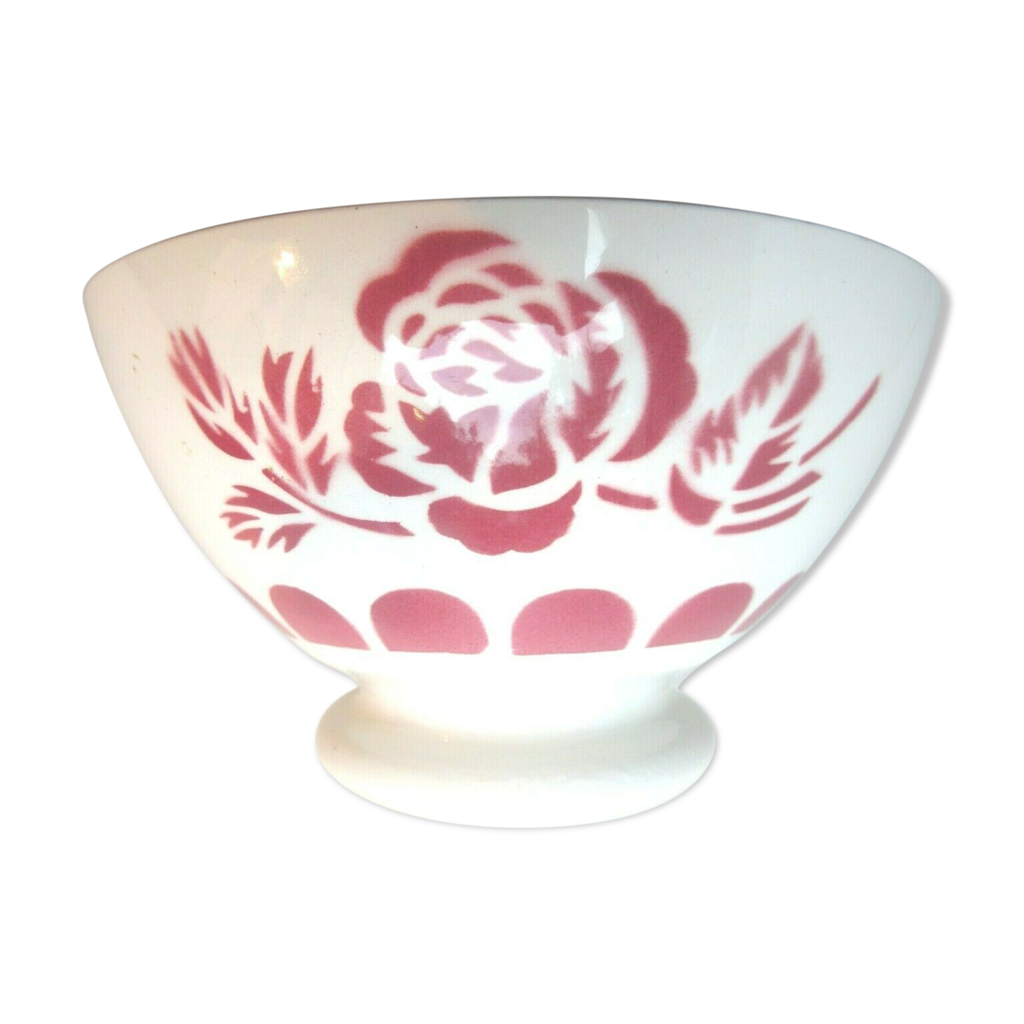 Old Art Deco bowl, décor of red roses, edifying red teeth, Badonviller?