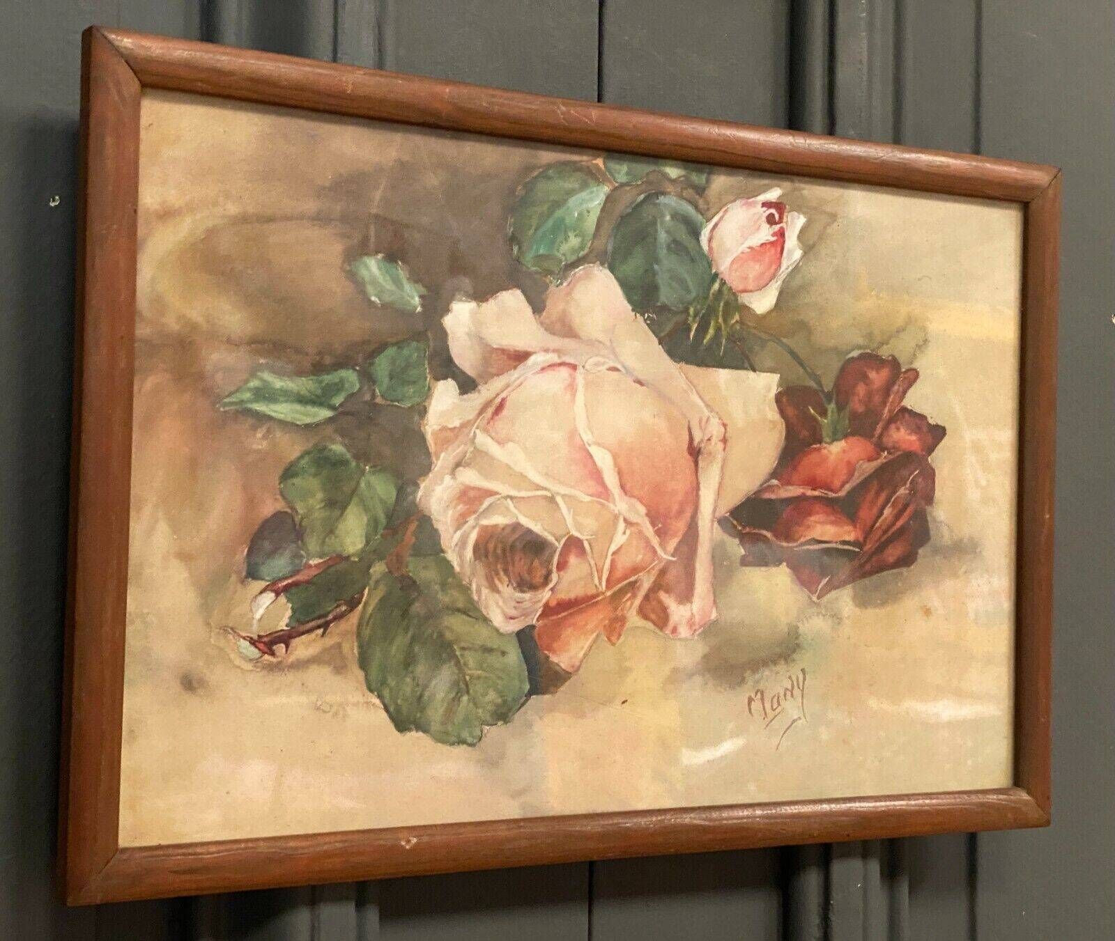 Watercolor by Many still life bouquet of roses early 20th century