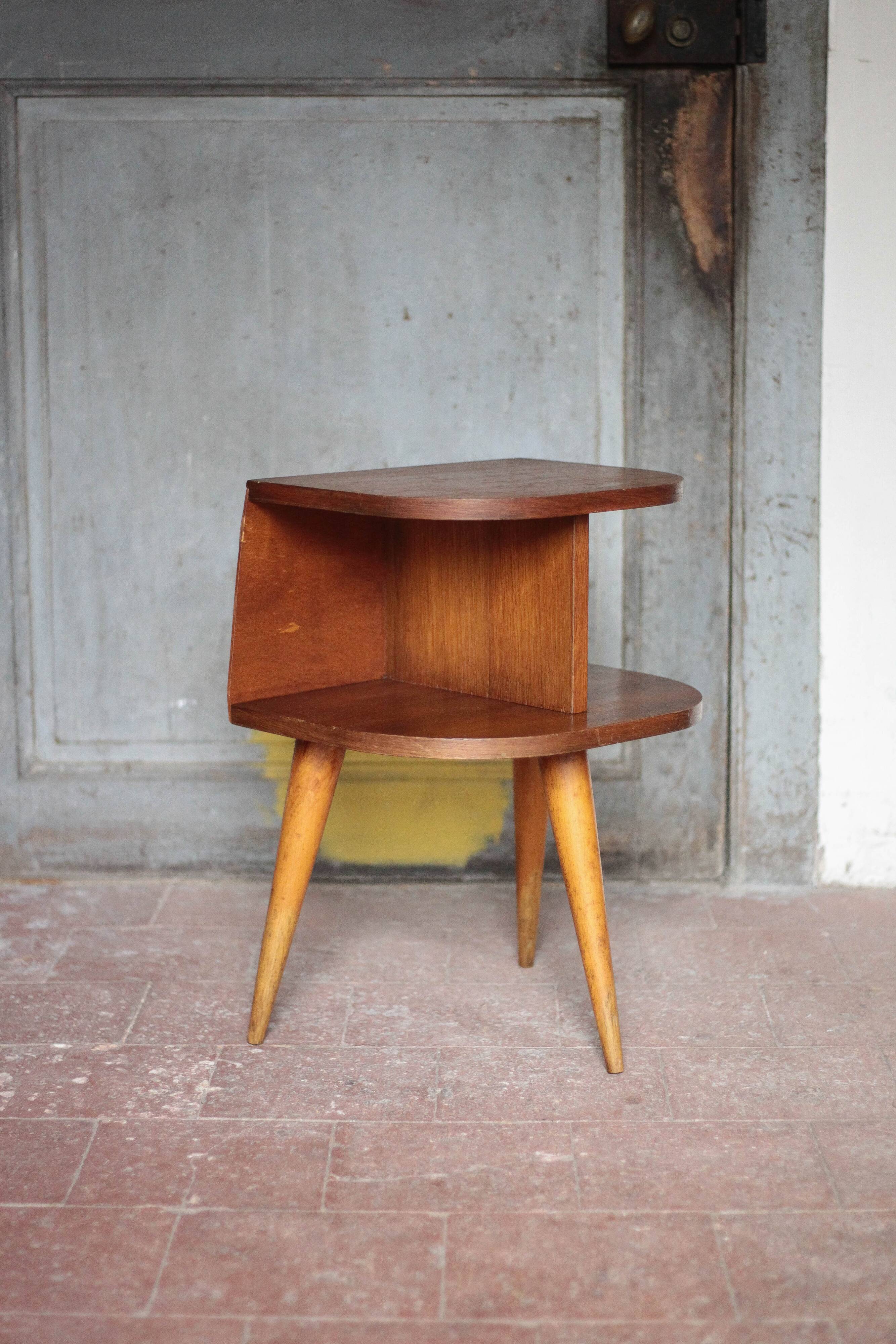Vintage wooden bedside table, wooden bedside table with compass legs