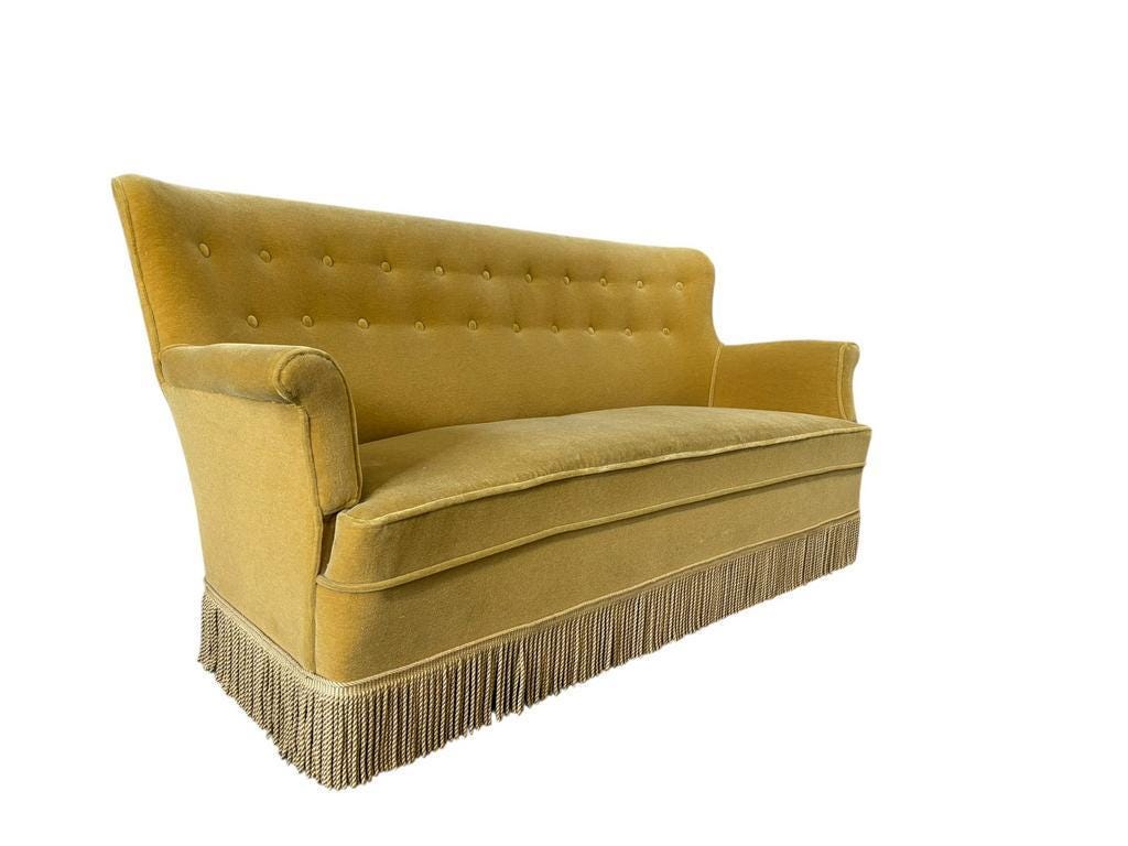 Vintage ochre yellow sofa / three-seater with fringes