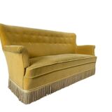 Vintage ochre yellow sofa / three-seater with fringes