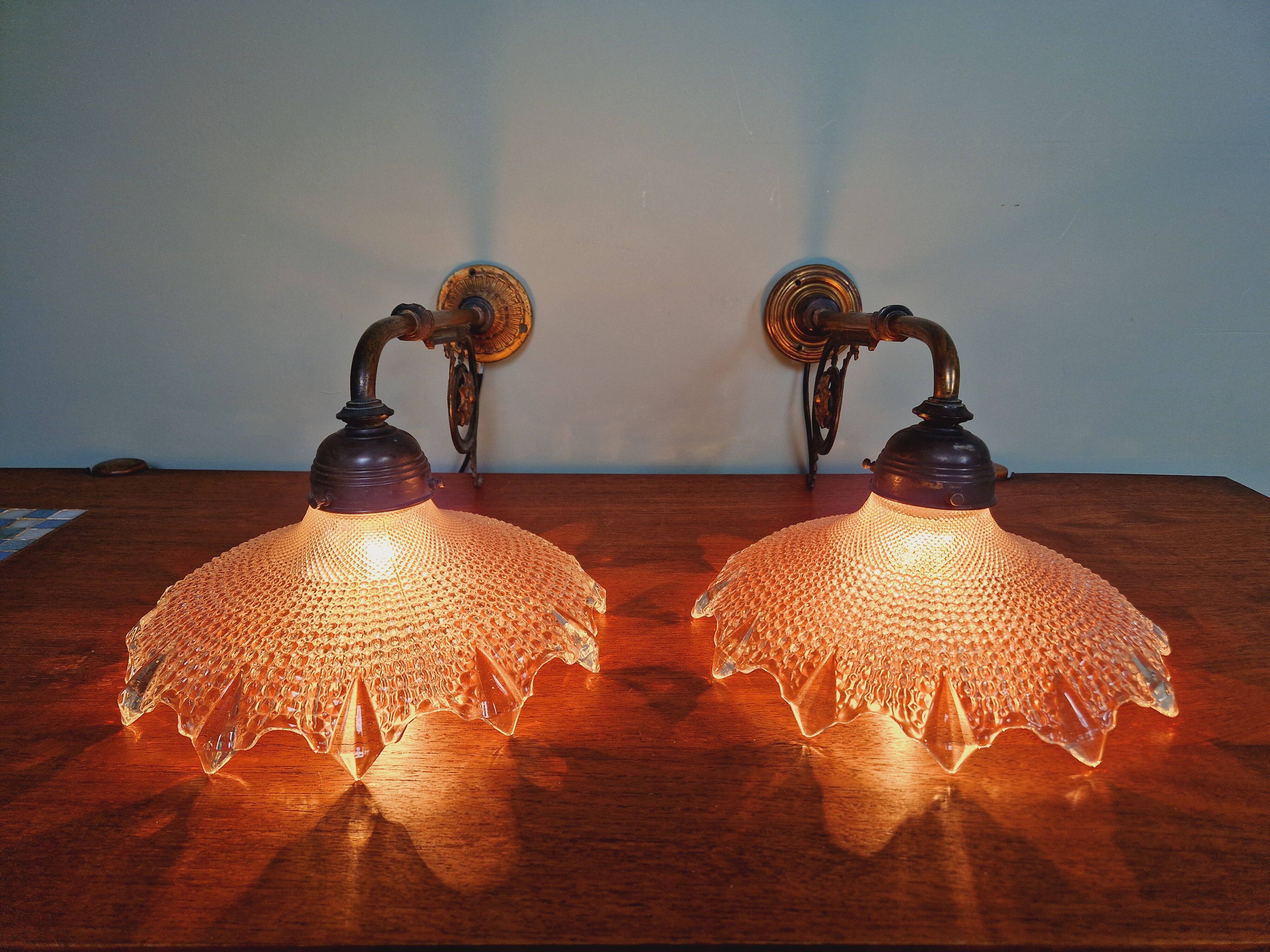 Pair of pendant lights in bronze and scalloped transparent glass