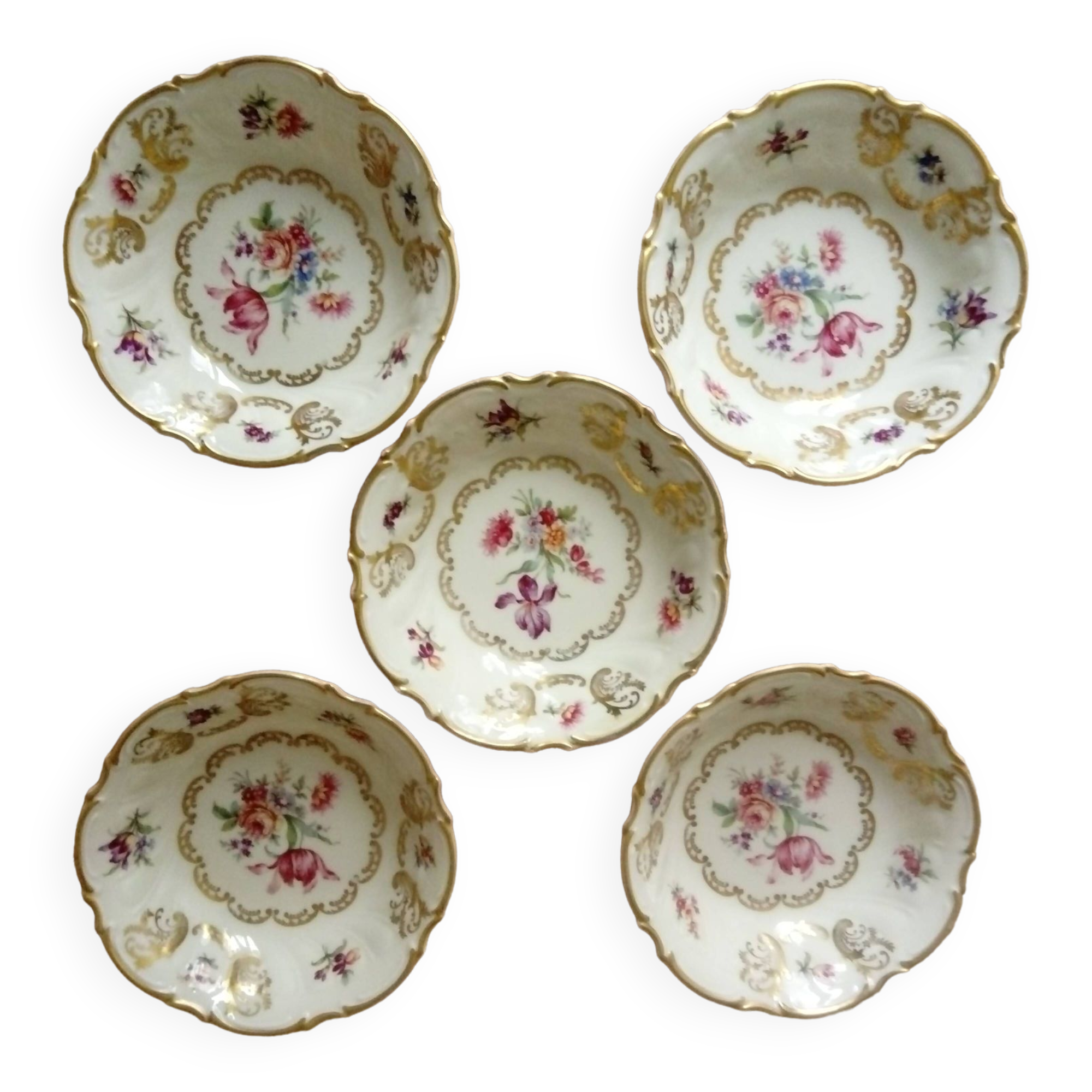 lot de 5 coupelles à fruits anciennes Bavaria à décor de fleurs