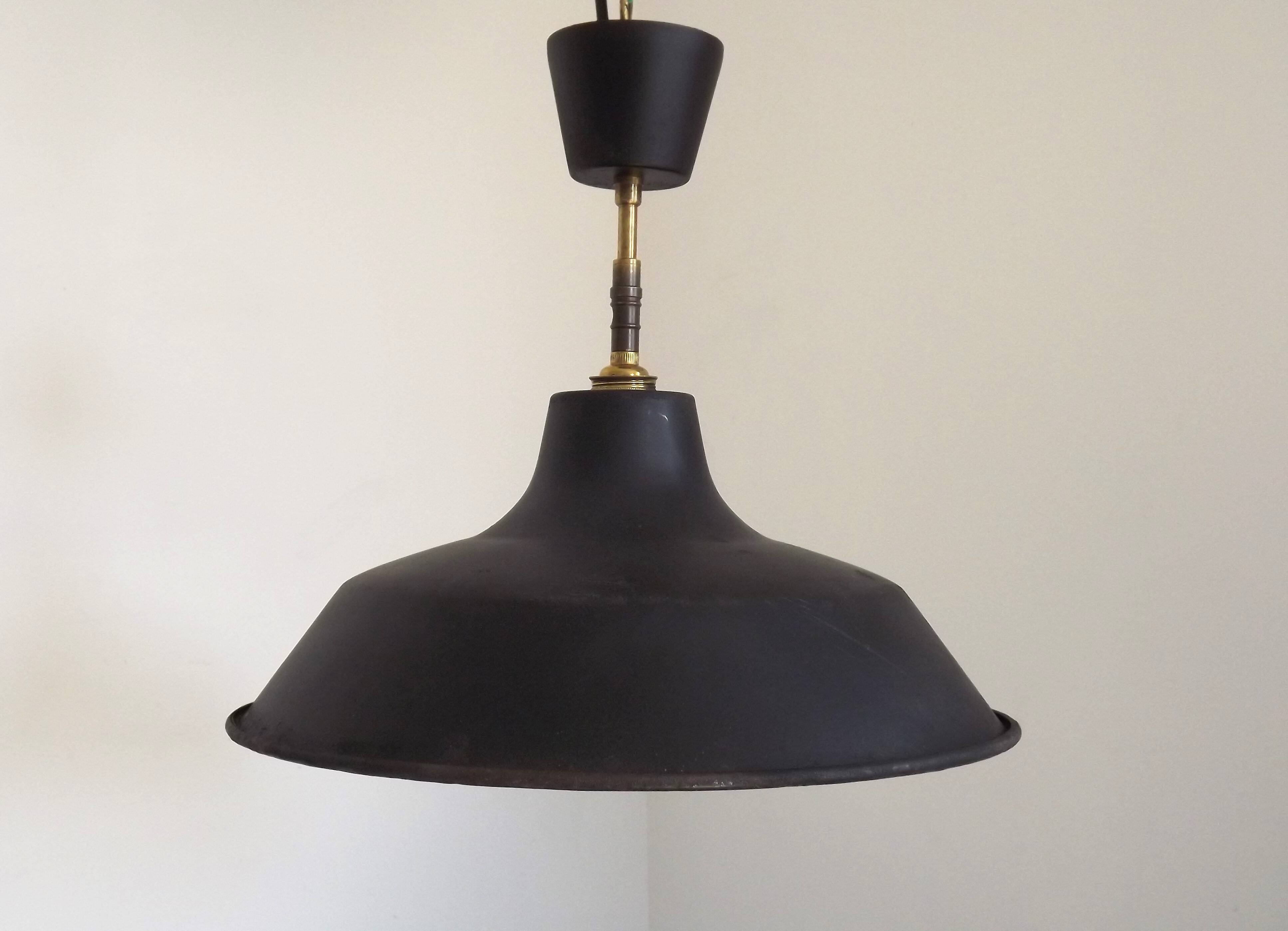 French Vintage 1950s Industrial Light In Black Metal White Enamal & Brass