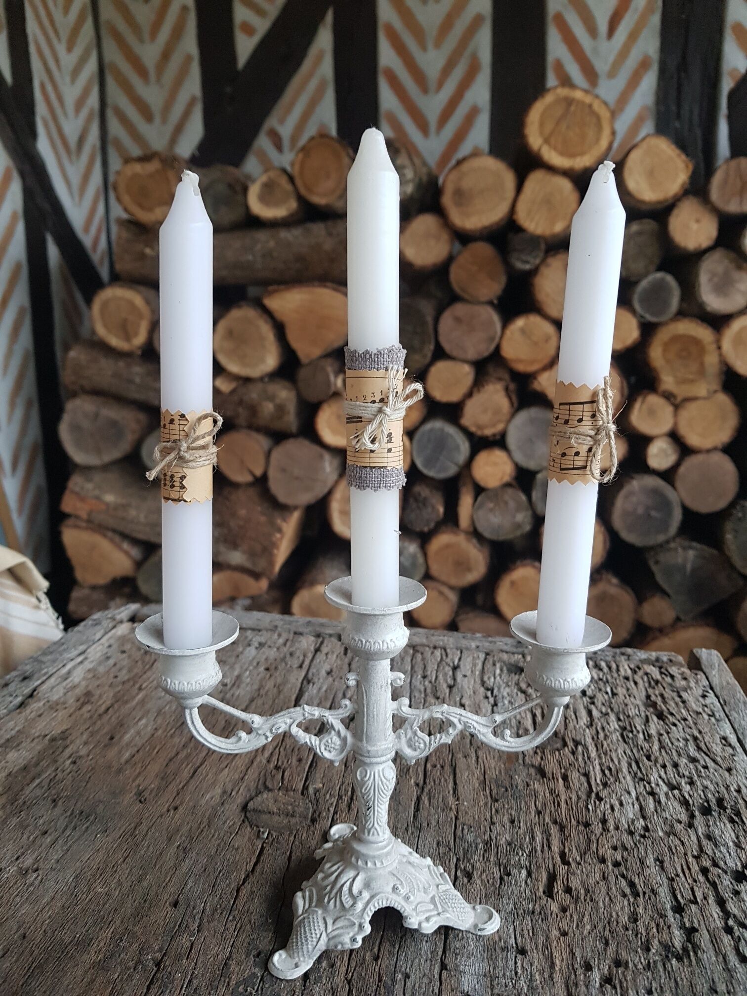 Candlestick candlestick 3 lights patinated white aged effect