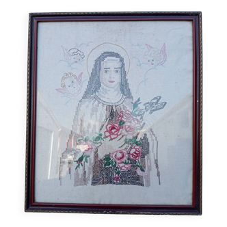 Broderie lavierge marie et les anges sur lin embroidery of the virgin mary and the angels on linen