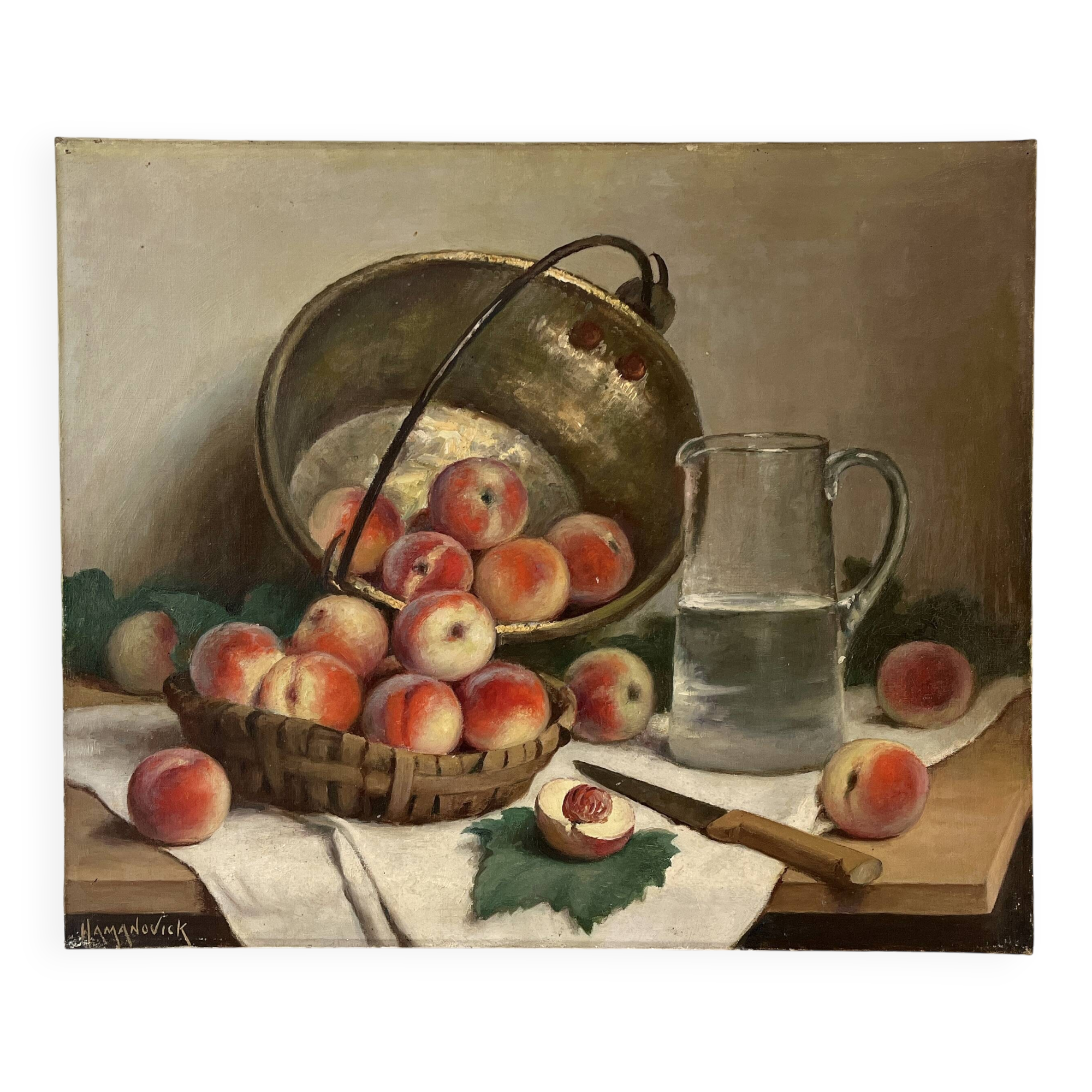 Authentic still life with peaches signed Gaston Hamanovick 1920