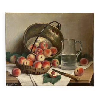 Authentic still life with peaches signed Gaston Hamanovick 1920