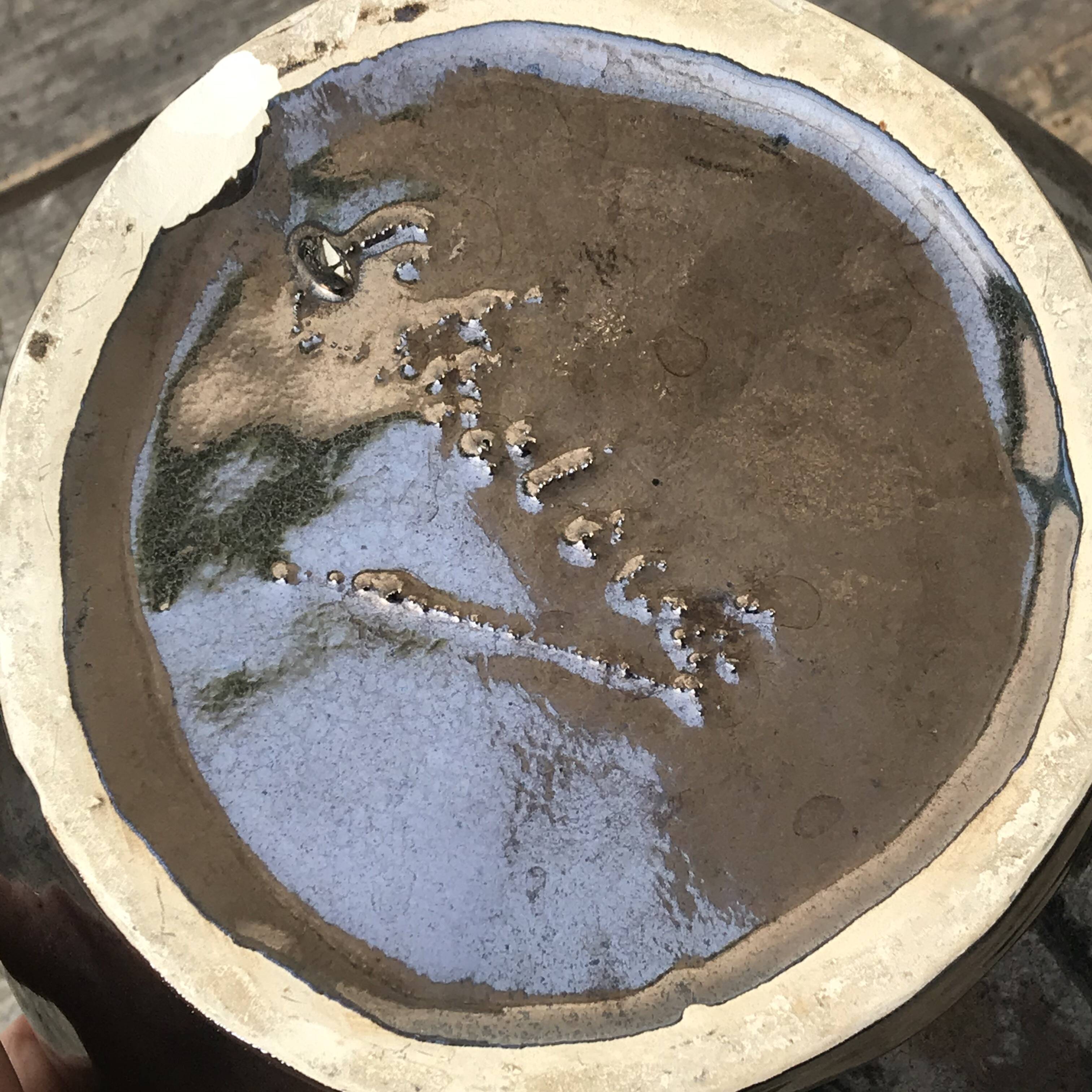 Black Ceramic Vase, pink inside color, signed