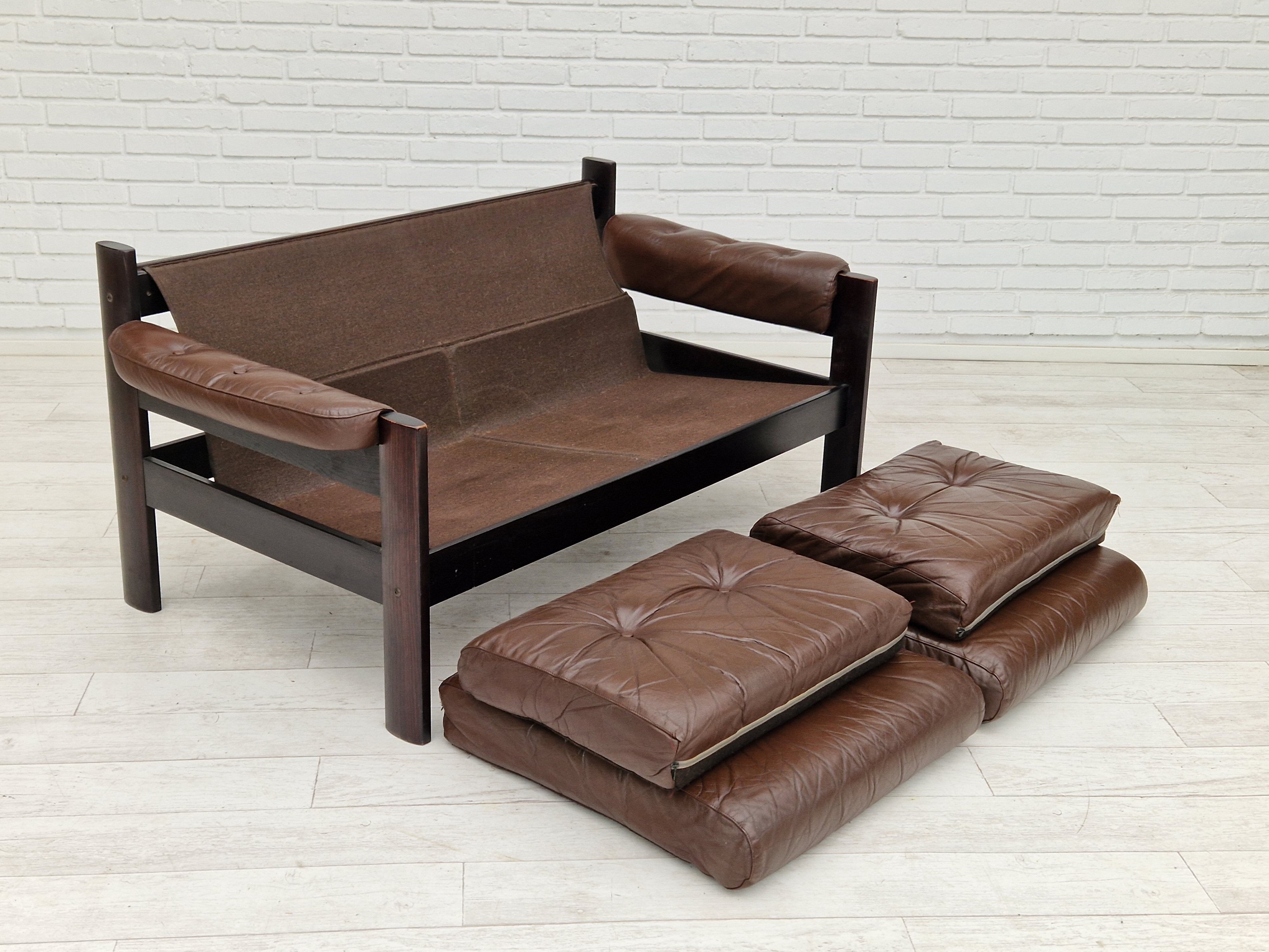 Scandinavian 2-seater sofa, original brown leather, 70s
