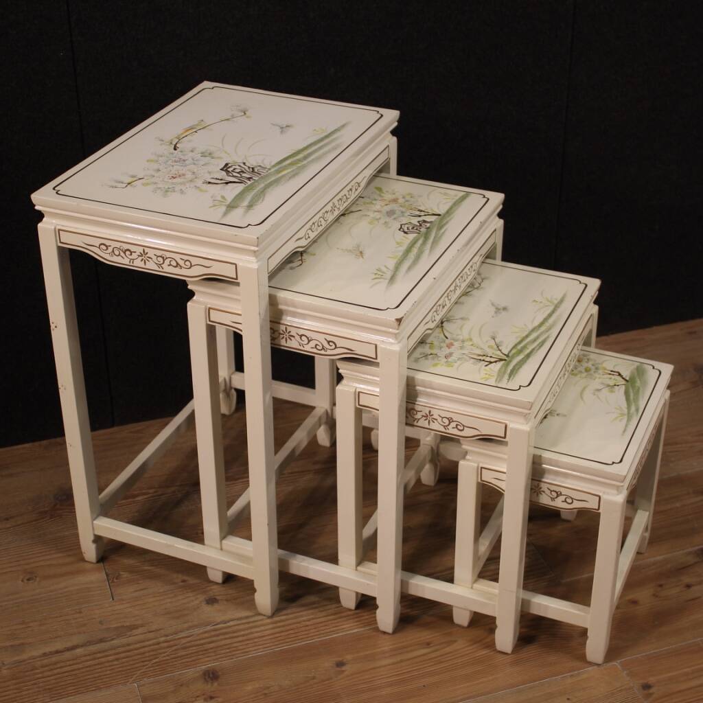 Set of 4 French lacquered and painted coffee tables