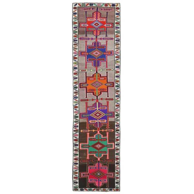 Vintage Turkish Hand-Knotted Wool Cotton Brown Runner 81x347