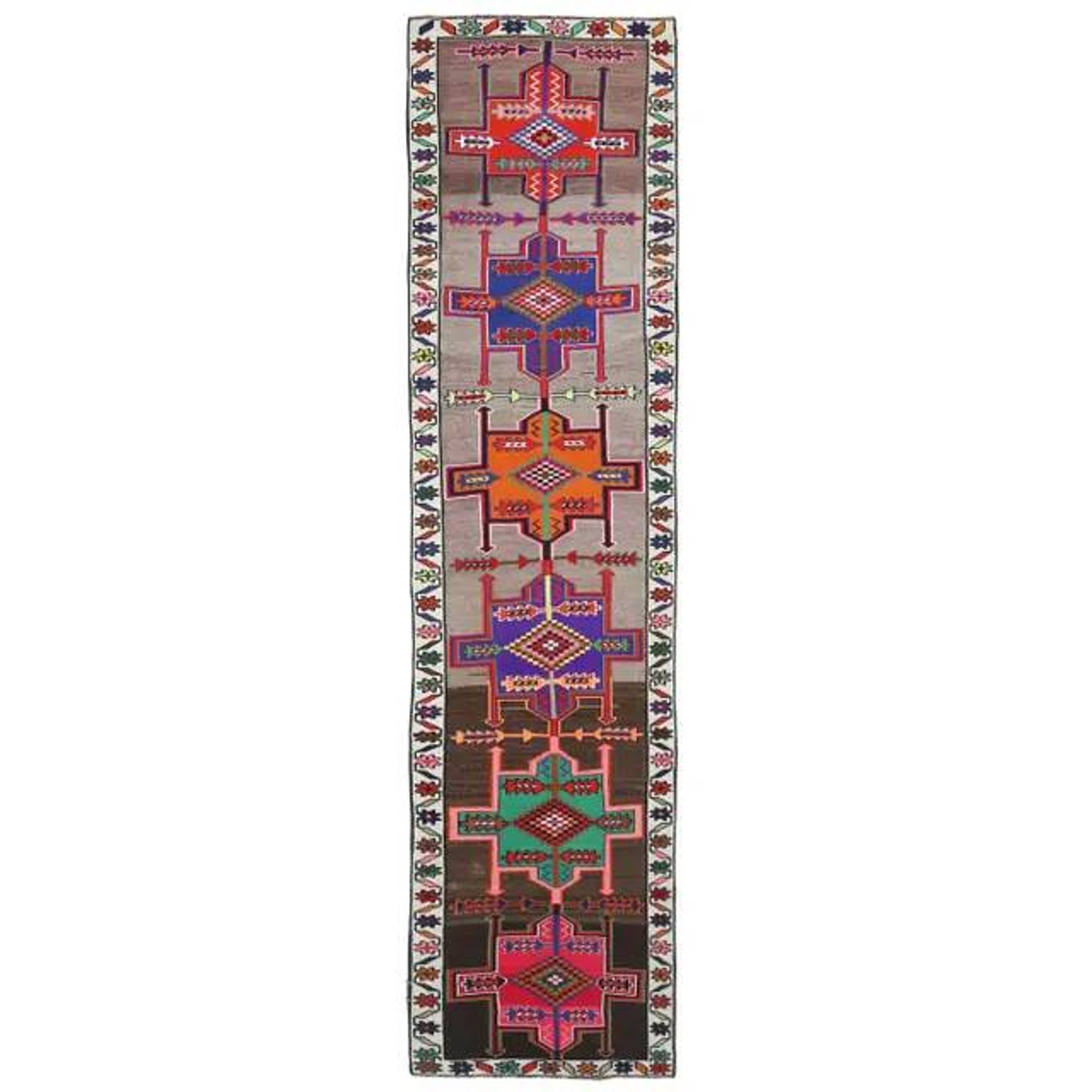 Vintage Turkish Hand-Knotted Wool Cotton Brown Runner 81x347