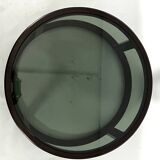 Italian Vintage Large Round coffee table in wood and fume glass. 1970s