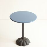 Postmodern cast iron flower base adjustable round side tables, blue and green, 1980s.