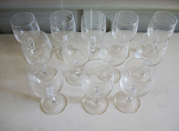 Set of 24 old engraved crystal foot glasses