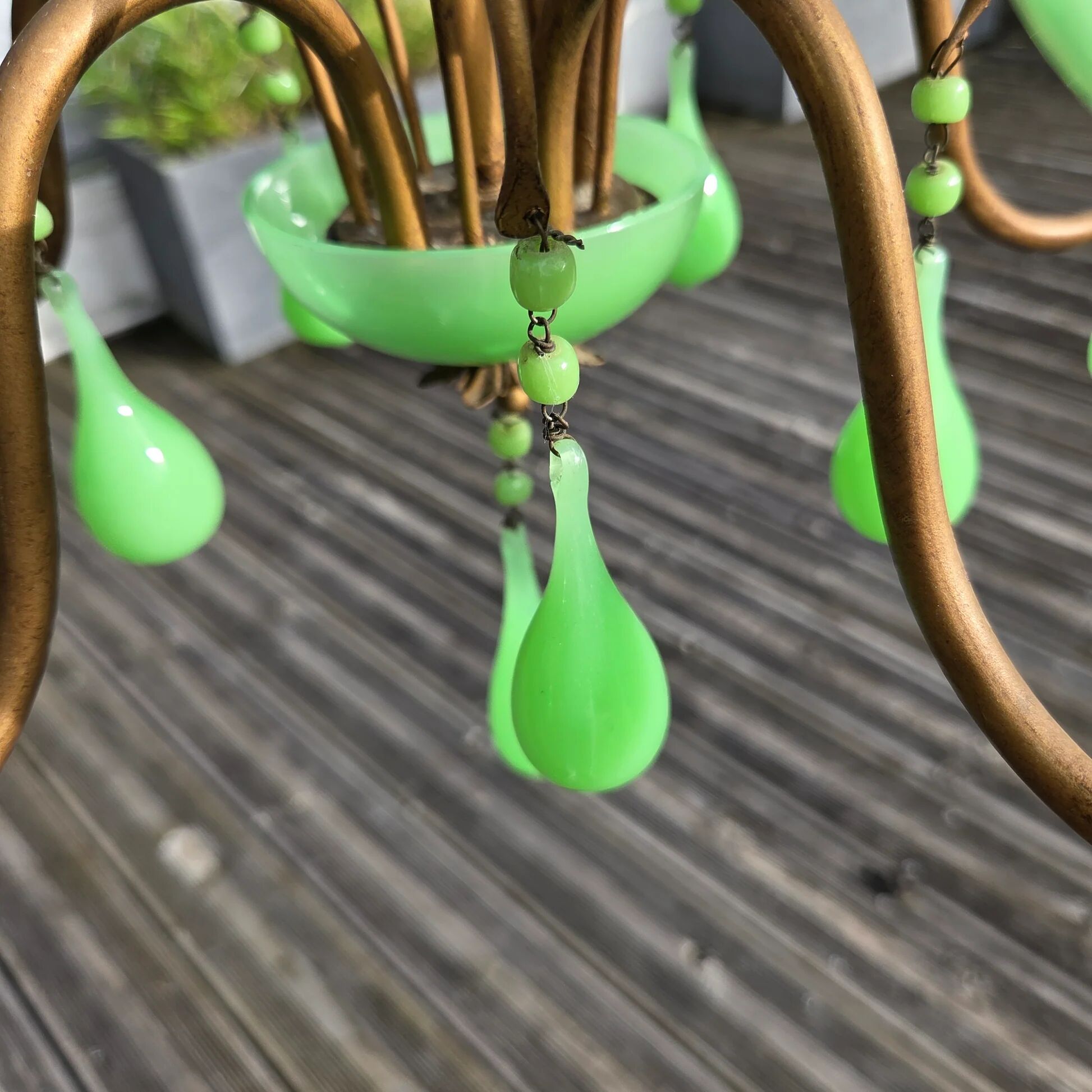 Italian chandelier with 5 lights in green opaline glass with uranium - ouraline