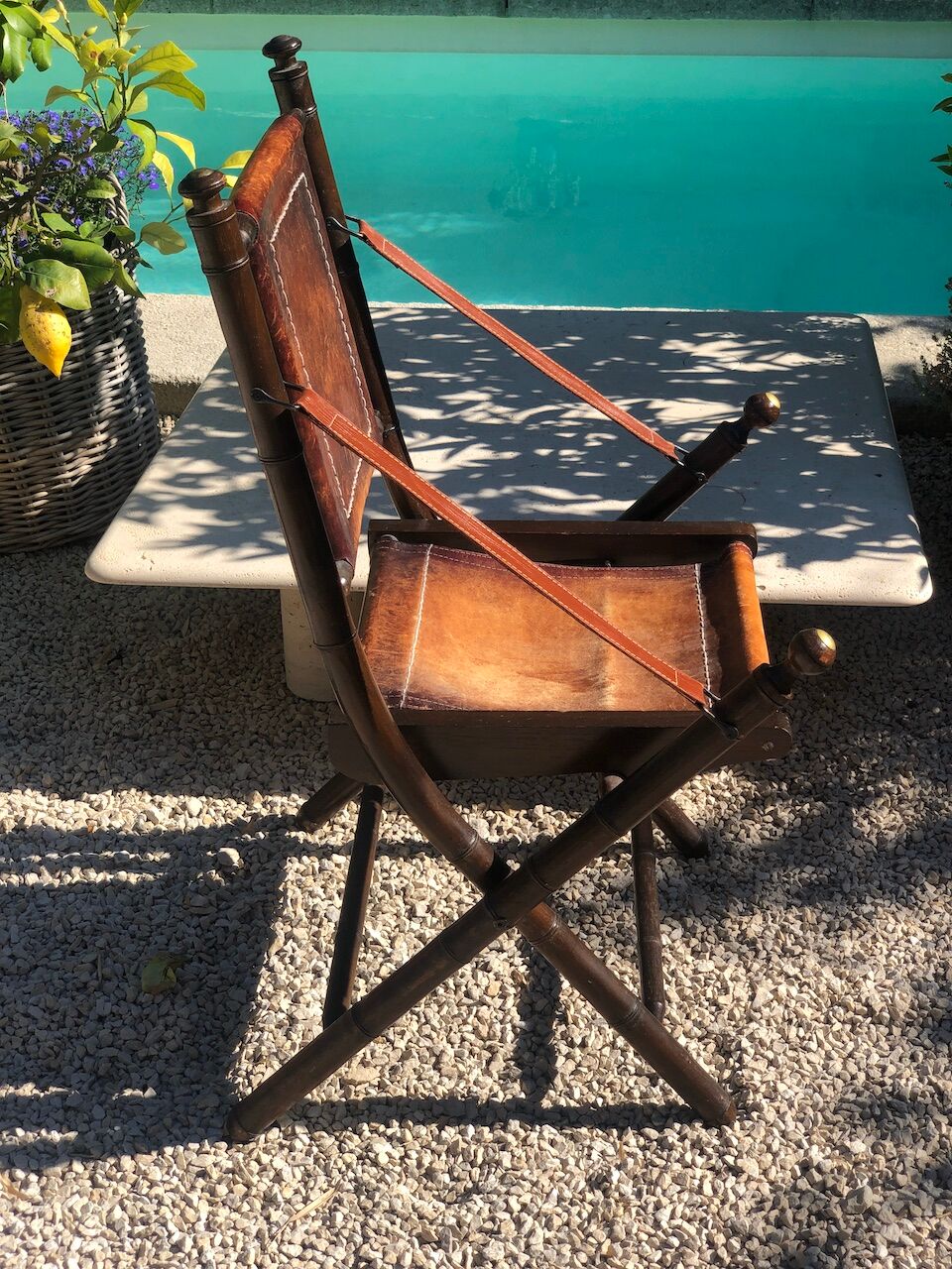 Fauteuil paquebot pliant cuir et bois 1930