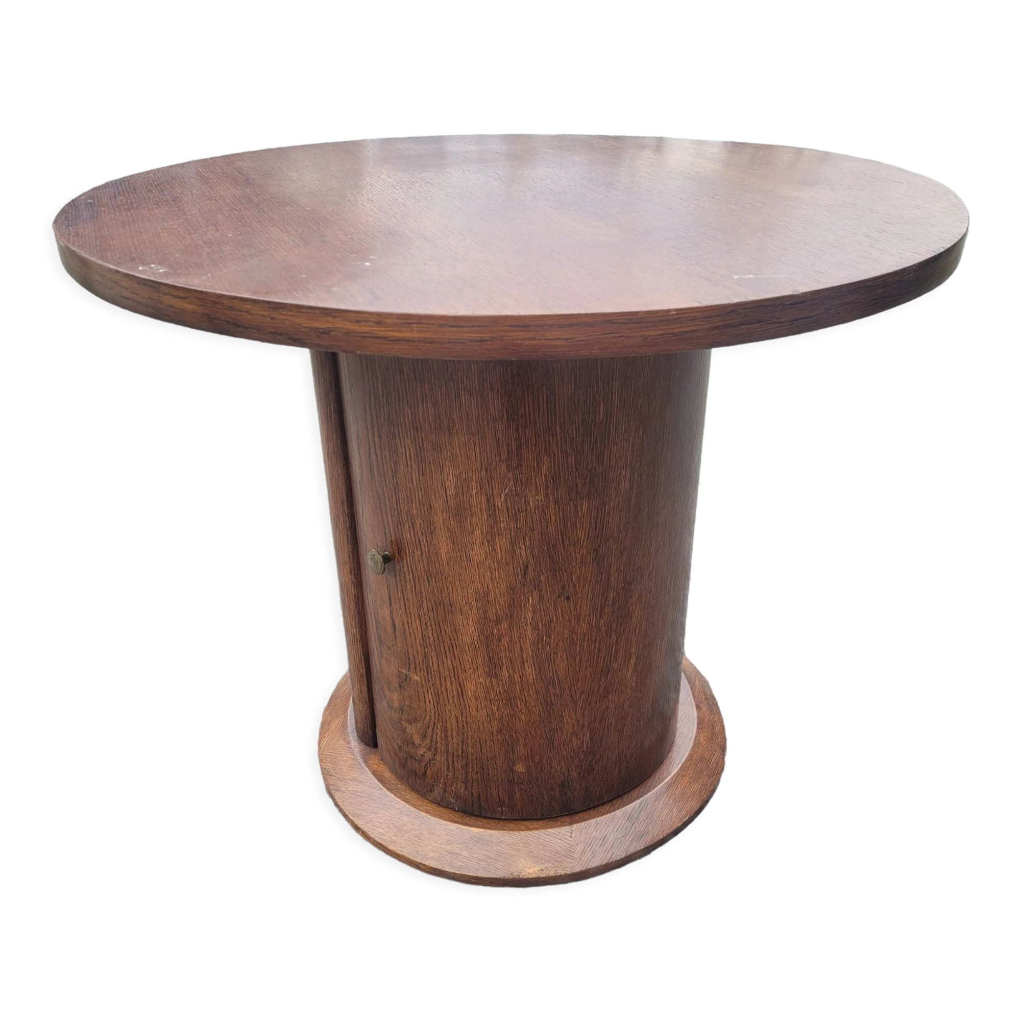 Vintage round oak coffee table with a door