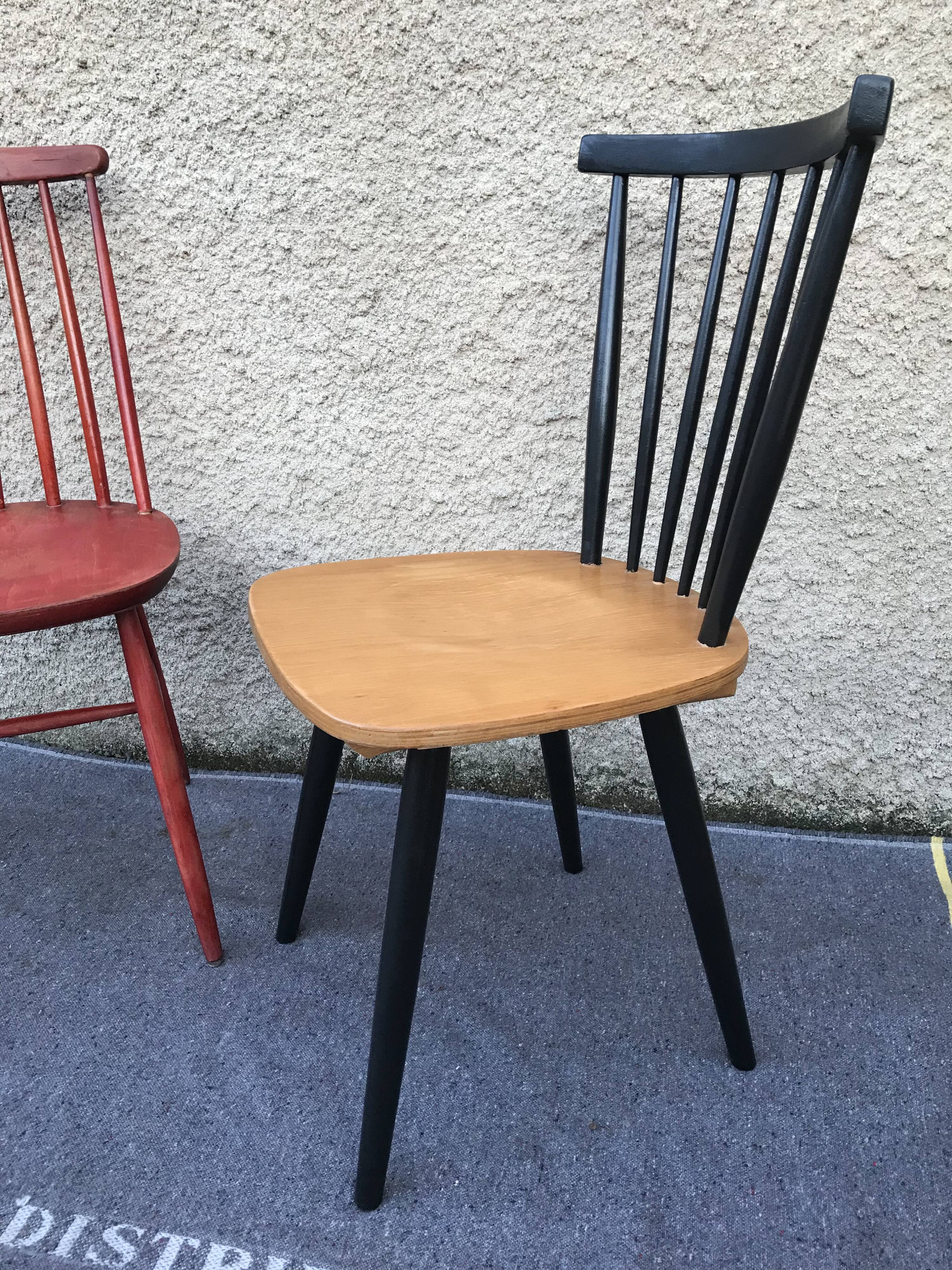 Set of 6 mismatched vintage chairs with bars and compass legs