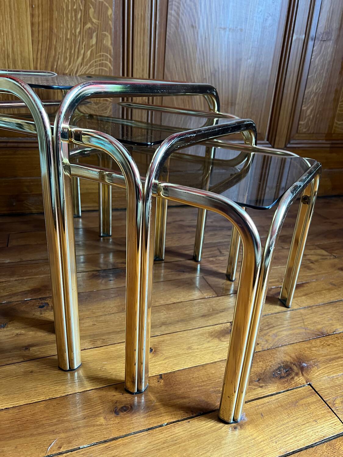 Set of 3 square nesting tables 1970 brown smoked glass