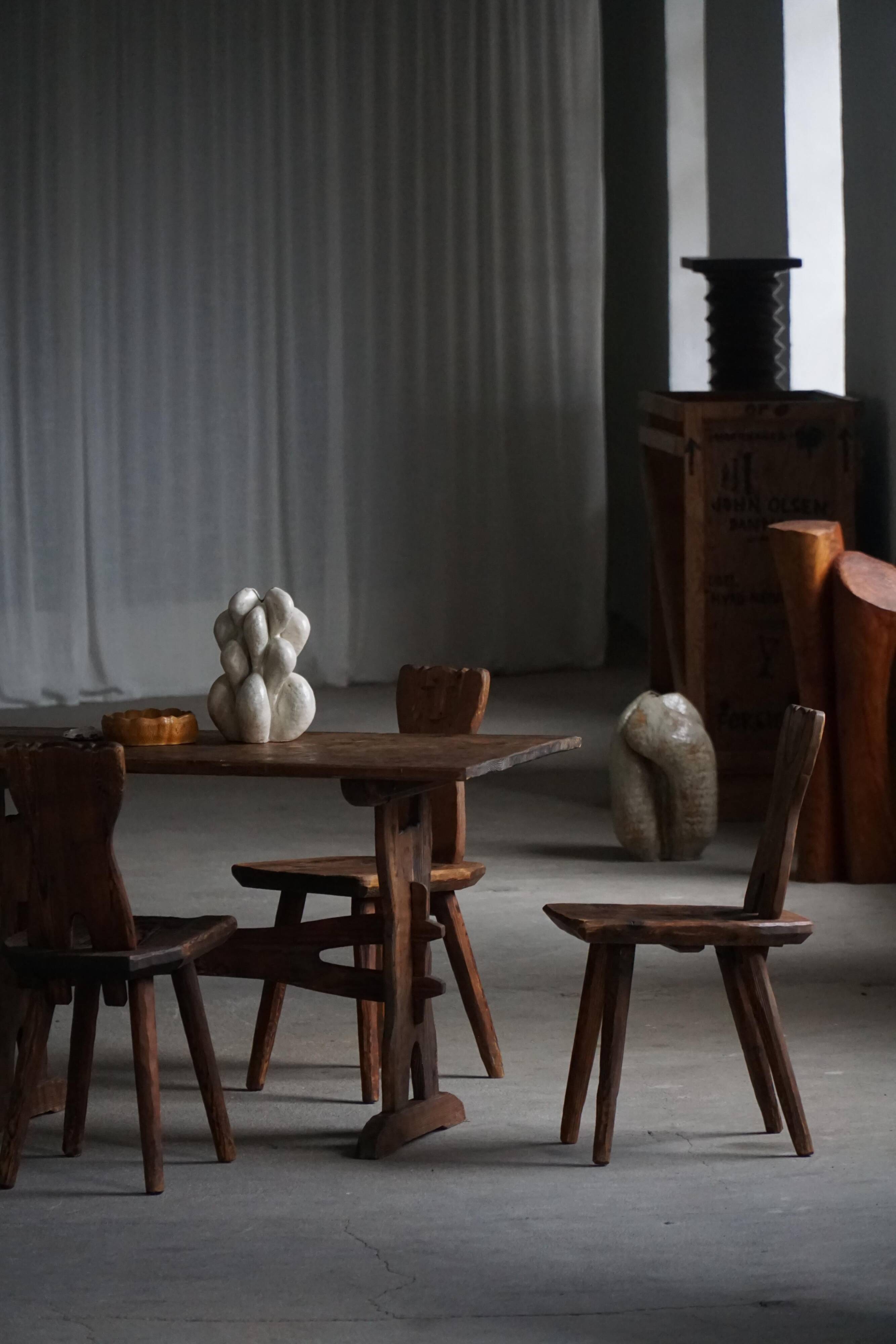 Mid-century Swedish ensemble, set of 4 "Sports Cabin" chairs handmade in pine, 1940s.