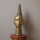Bronze African art tribal ethnic decorative object handcrafted head of queen Benin