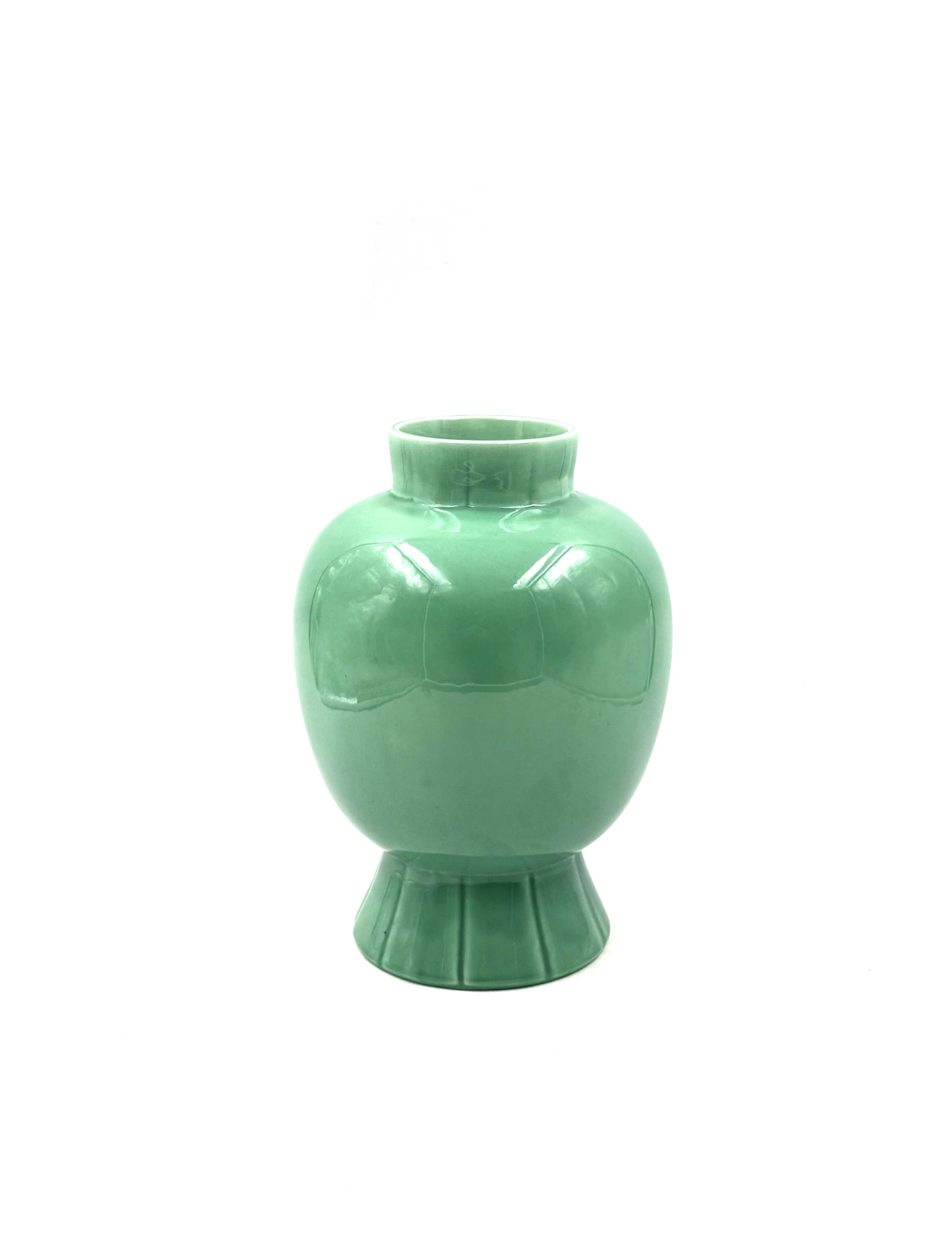Paul Millet, Art Deco green ceramic vase, Sevres France 1930s