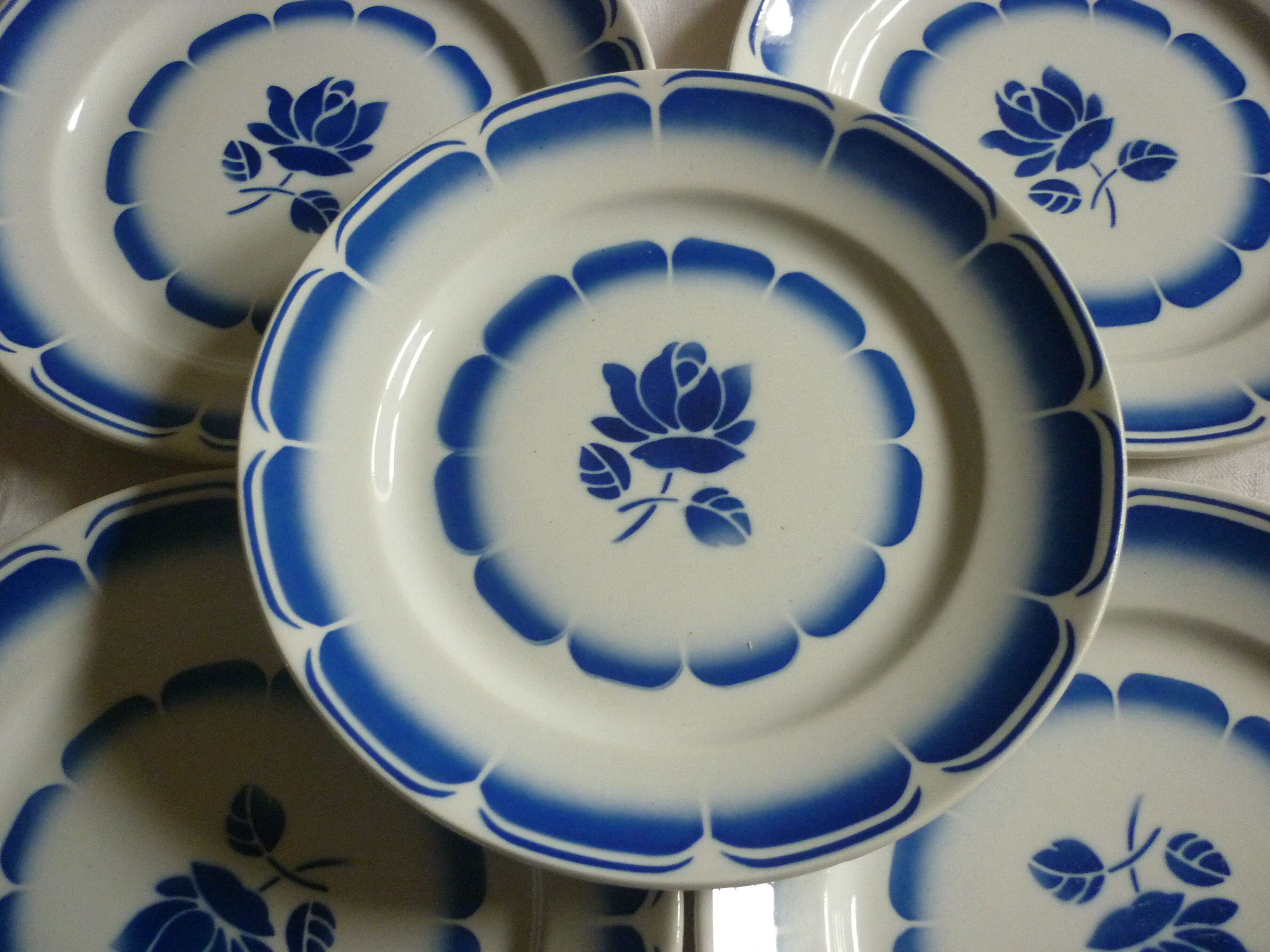 5 plates of vintage blue flowers