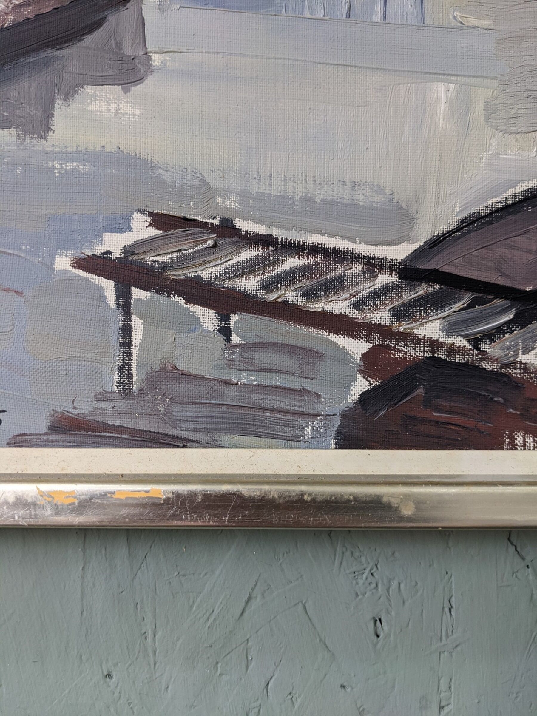 Mid-Century Modern Swedish "Boats at the Jetty" Vintage Coastal Landscape Oil Painting, Framed