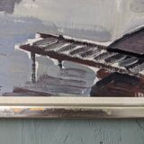 Mid-Century Modern Swedish "Boats at the Jetty" Vintage Coastal Landscape Oil Painting, Framed