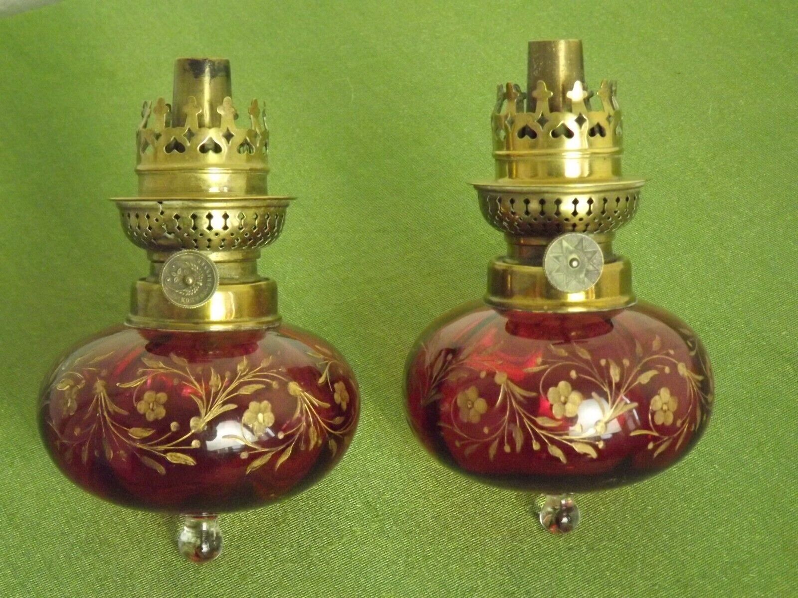 2 French Antique Cranberry Glass Oil Lantern Reservoirs Etched Gold Flowers 3984