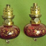 2 French Antique Cranberry Glass Oil Lantern Reservoirs Etched Gold Flowers 3984