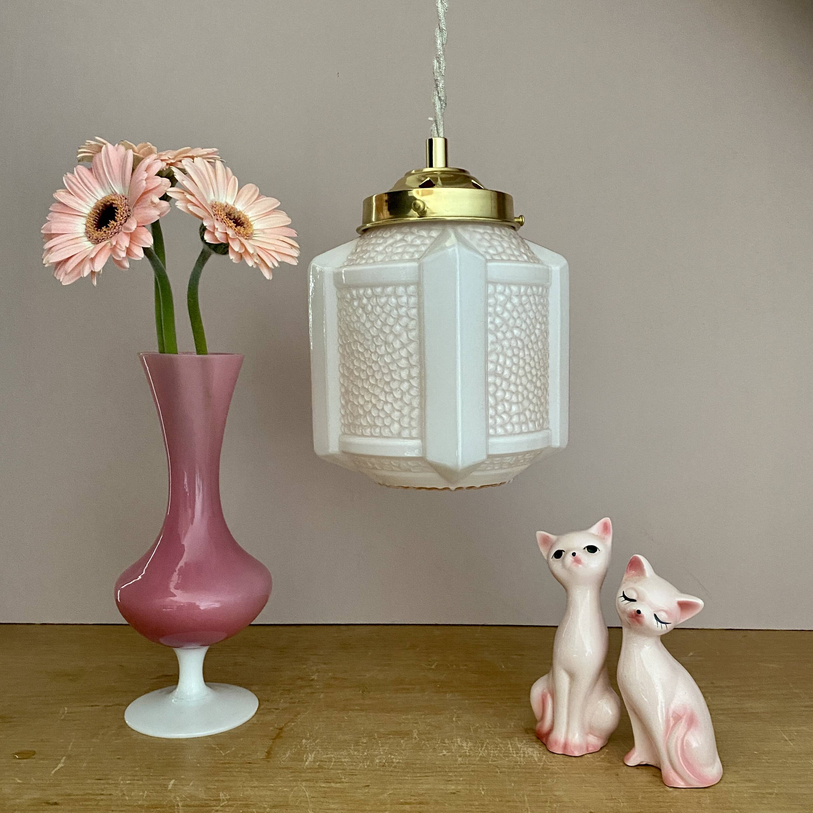 Vintage art deco globe pendant light in pale pink opaline.