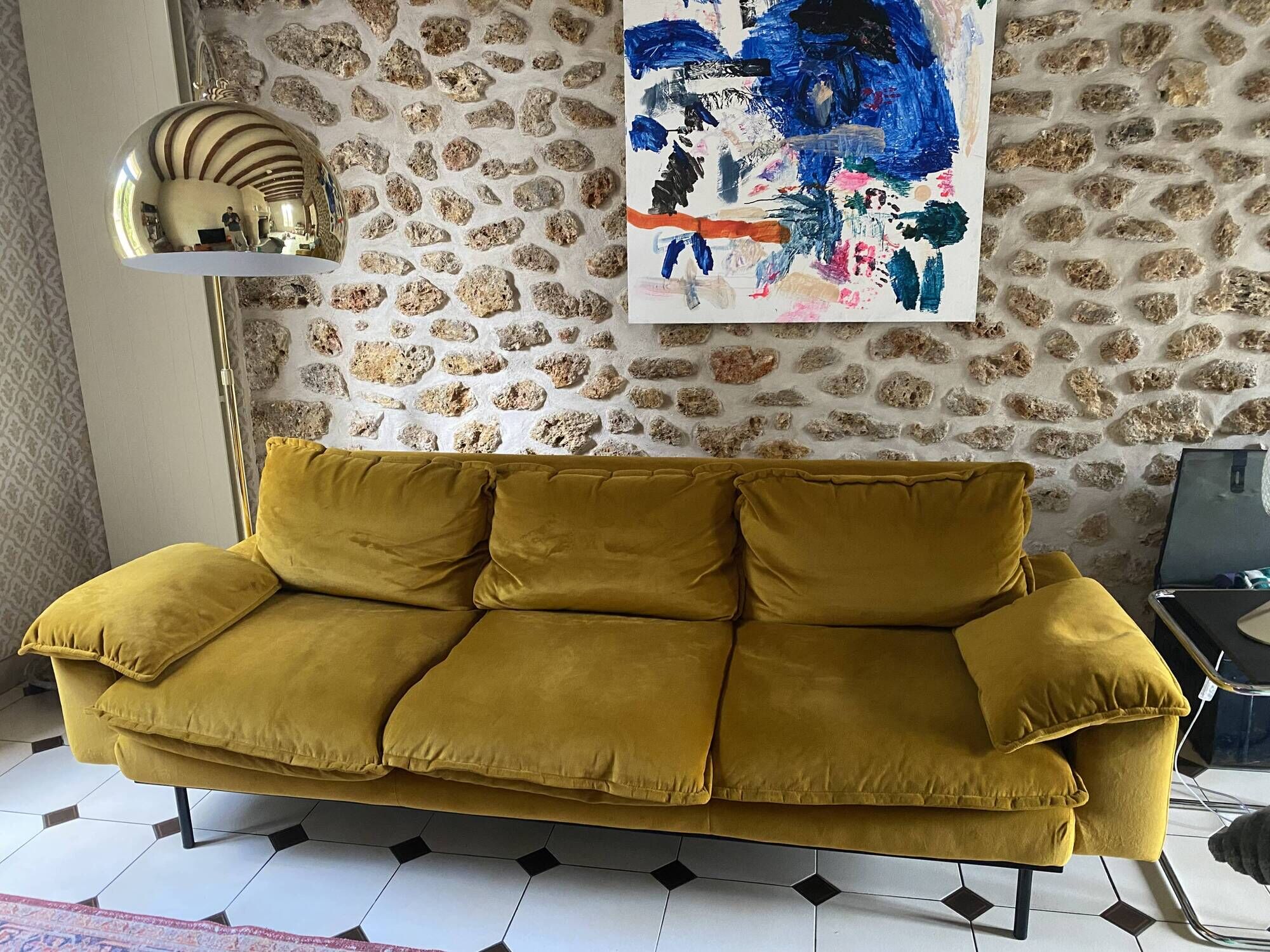 Mustard yellow retro three-seater sofa