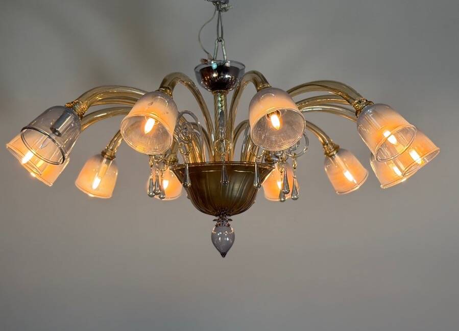 Venetian lustre in two-colour Murano glass, blue and gilded, circa 1990.